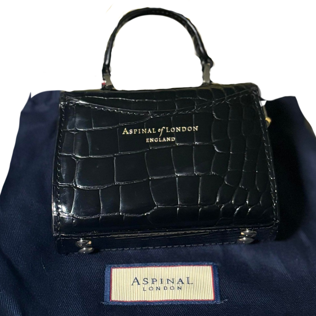 Aspinal Of London Black Patent Leather Mayfair Nano Croc Handbag