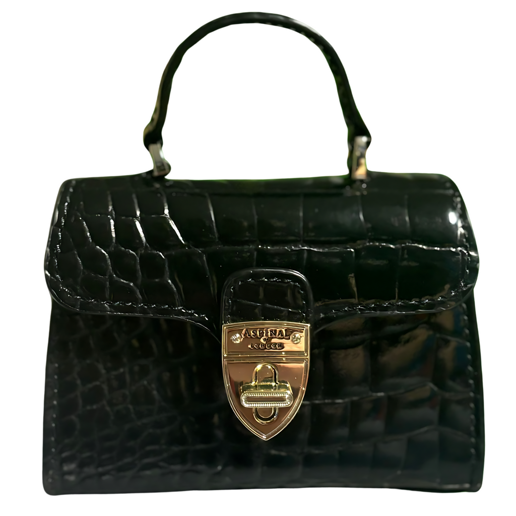 Aspinal Of London Black Patent Leather Mayfair Nano Croc Handbag