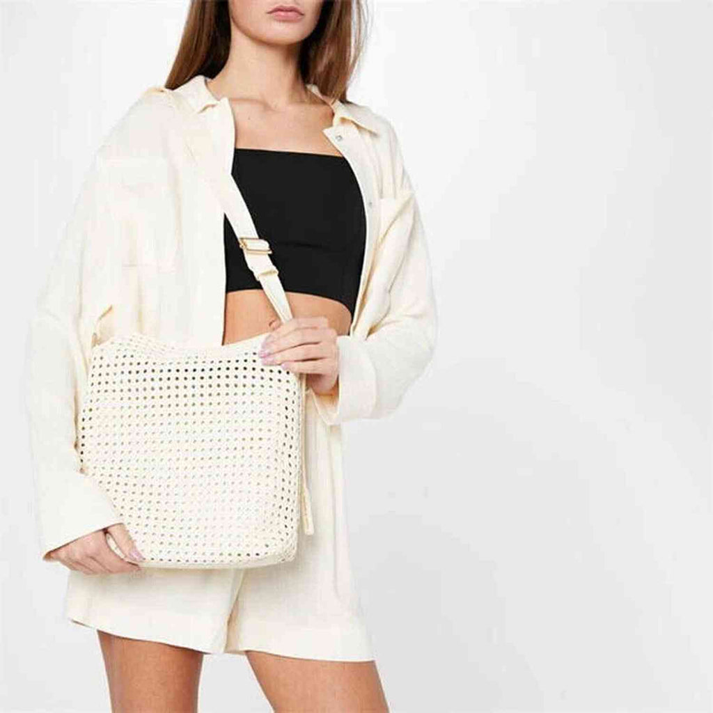 Charles Keith Cecily Woven Large Shoulder Bag - Cream Faux Leather