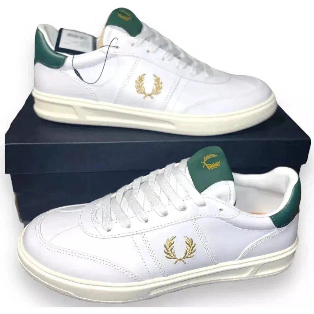 Fred Perry Mens White Green Leather Embroidered Trainers