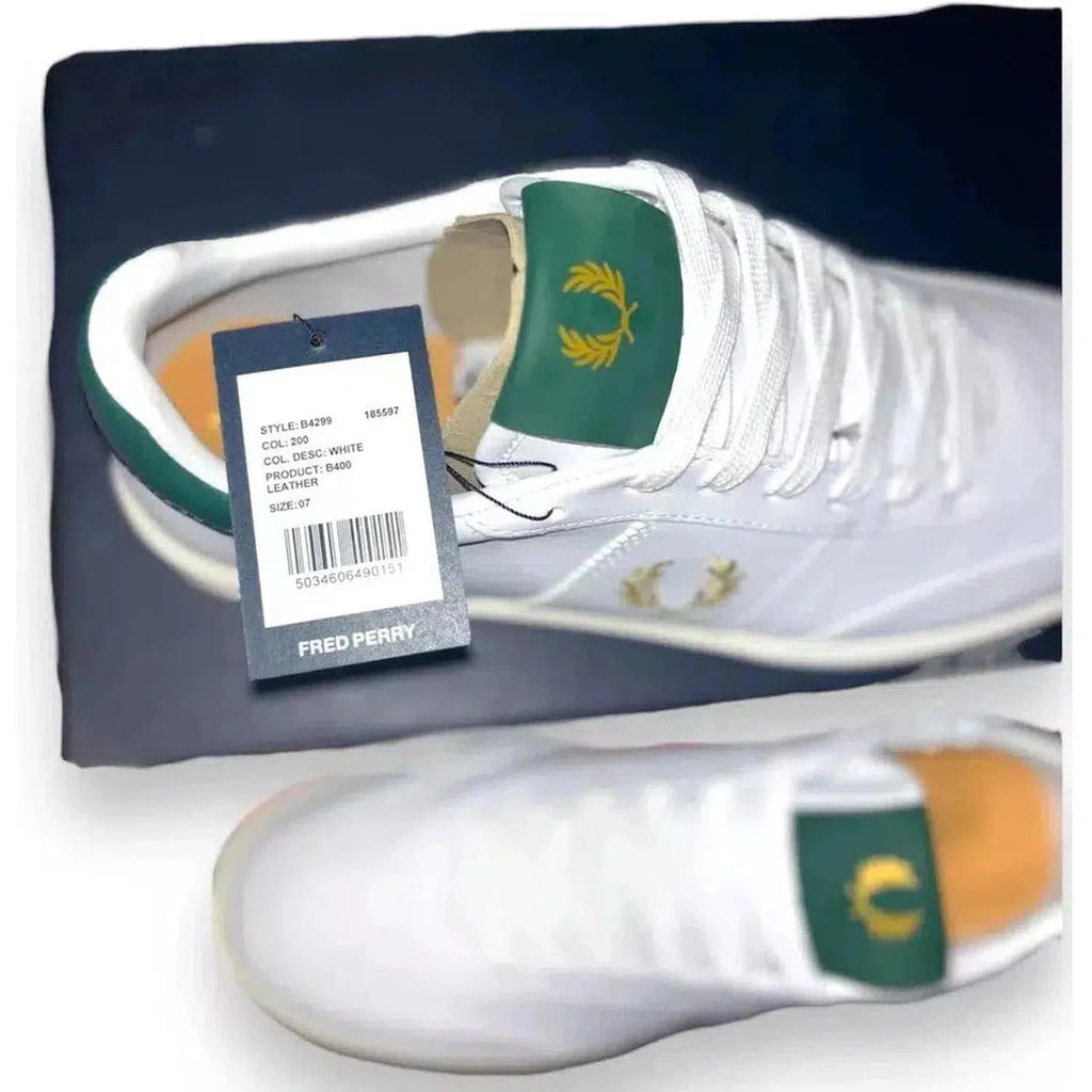 Fred Perry Mens White Green Leather Embroidered Trainers