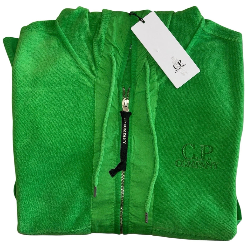 Men Green CP Company Embroidered Logo Fleece Zip Up Hoodie