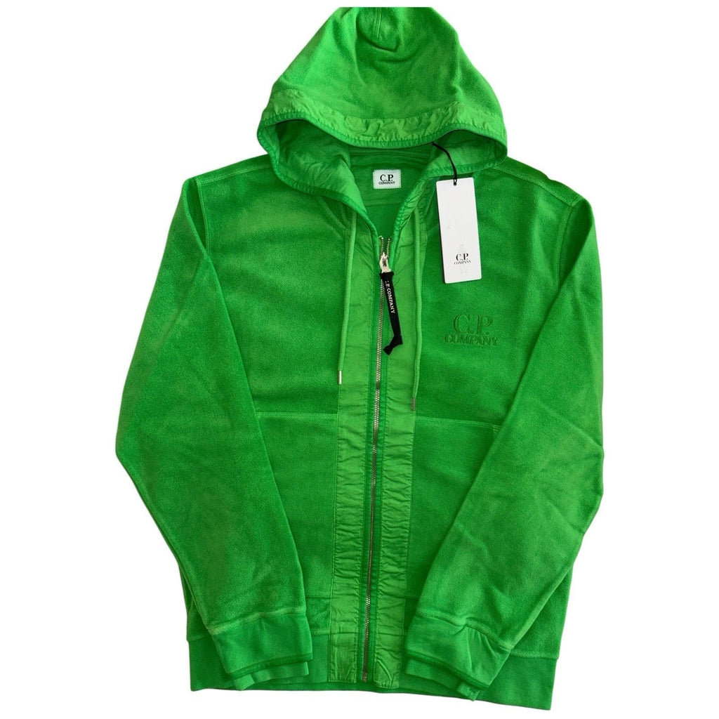 Men Green CP Company Embroidered Logo Fleece Zip Up Hoodie