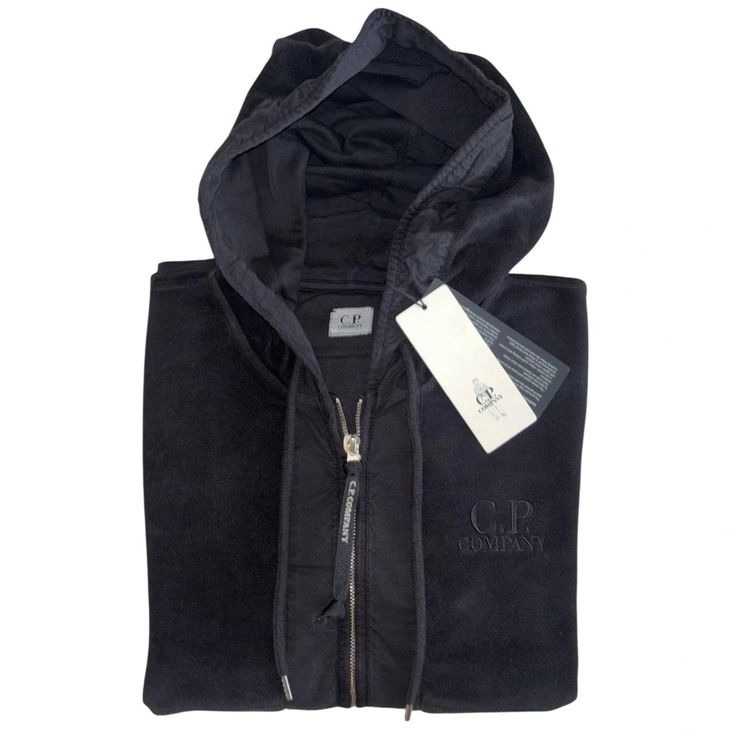 Men's Black CP Company Embroidered Logo Fleece Zip Up Hoodie