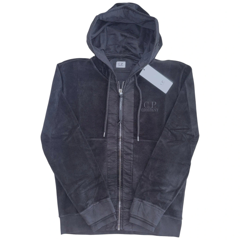 Men's Black CP Company Embroidered Logo Fleece Zip Up Hoodie