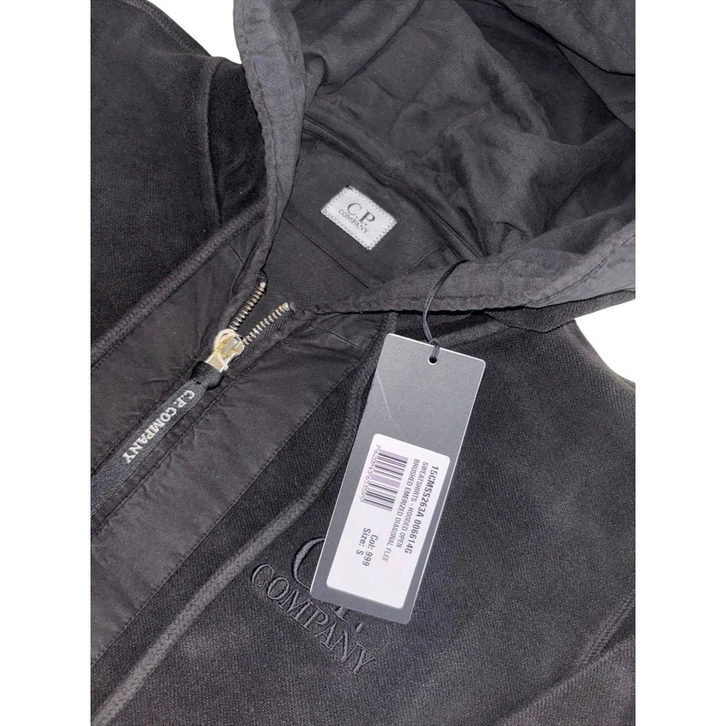 Men's Black CP Company Embroidered Logo Fleece Zip Up Hoodie