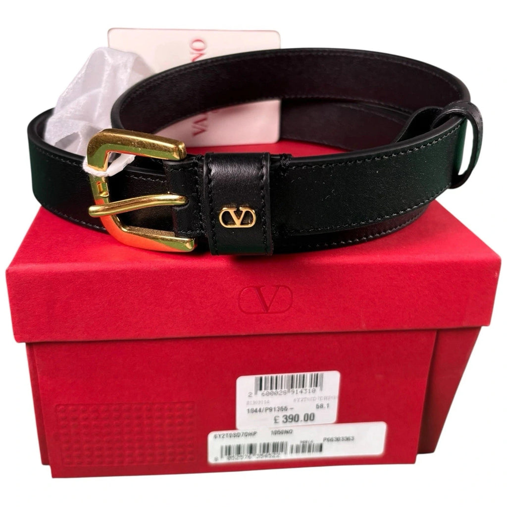 Valentino Garavani Men's Black Leather Belt with Gold Logo