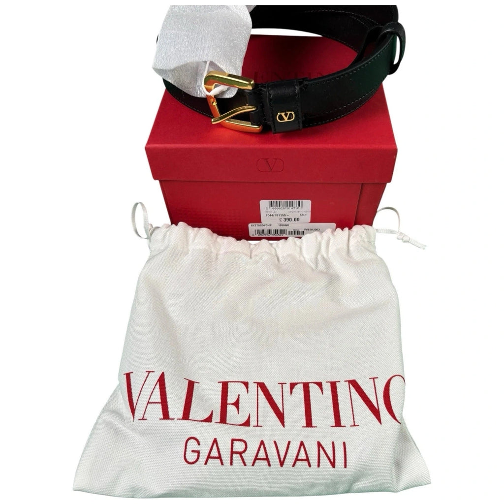 Valentino Garavani Men's Black Leather Belt with Gold Logo