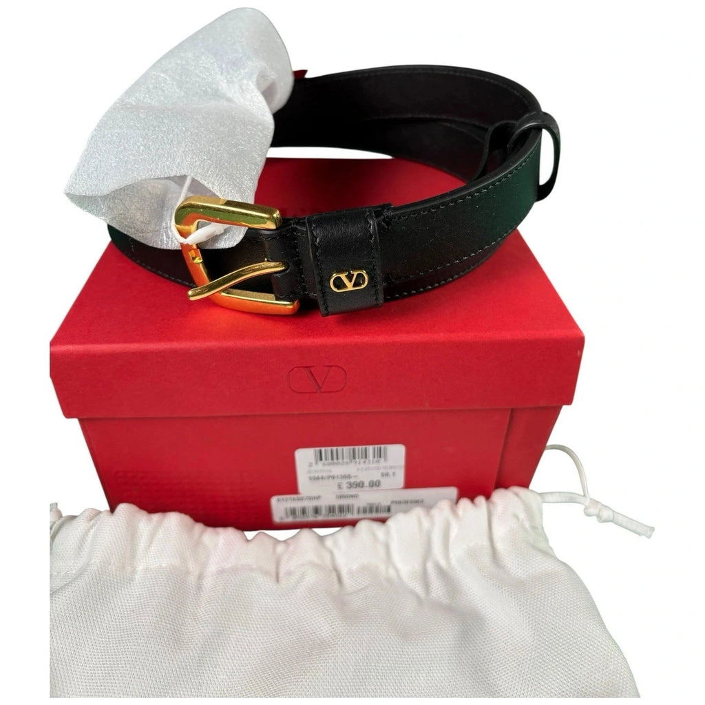 Valentino Garavani Men's Black Leather Belt with Gold Logo