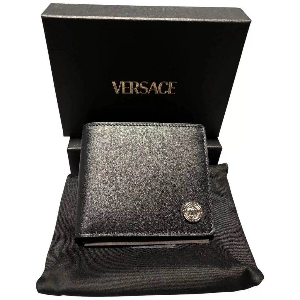 Men's Black Leather Bi Fold Wallet with Silver Medusa Logo