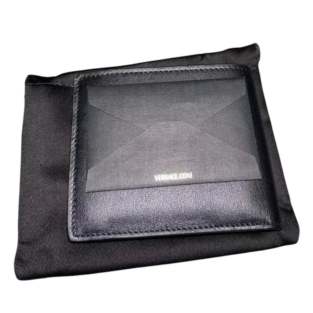 Men's Black Leather Bi Fold Wallet with Silver Medusa Logo