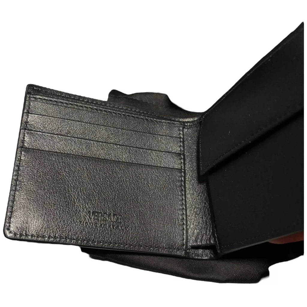 Men's Black Leather Bi Fold Wallet with Silver Medusa Logo
