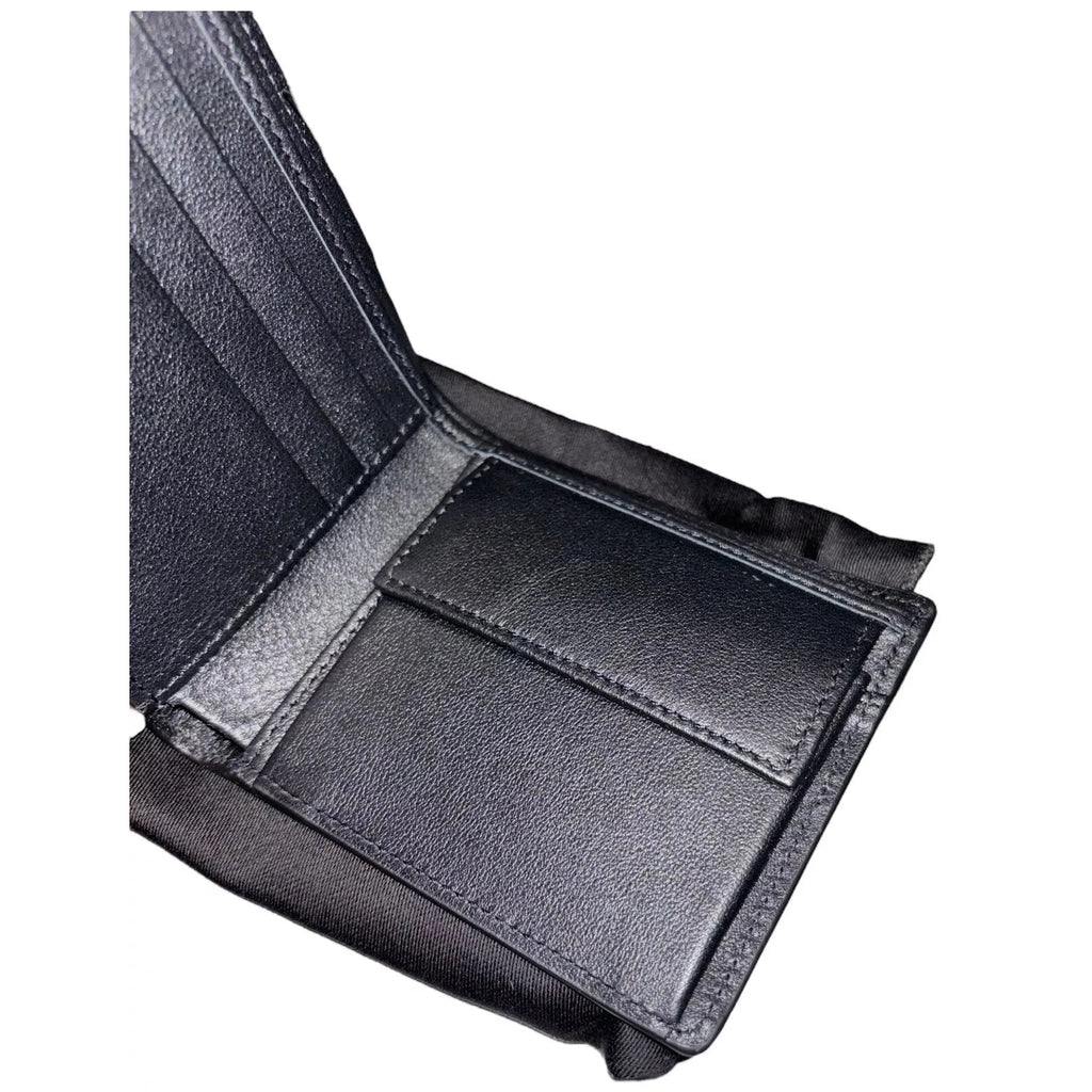 Men's Black Leather Bi Fold Wallet with Silver Medusa Logo