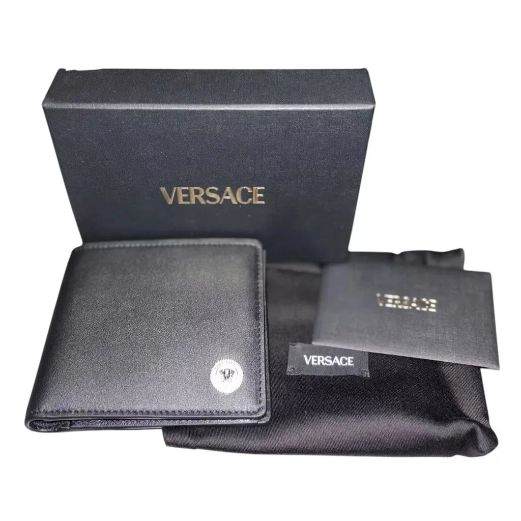 Men's Black Leather Bi Fold Wallet with Silver Medusa Logo