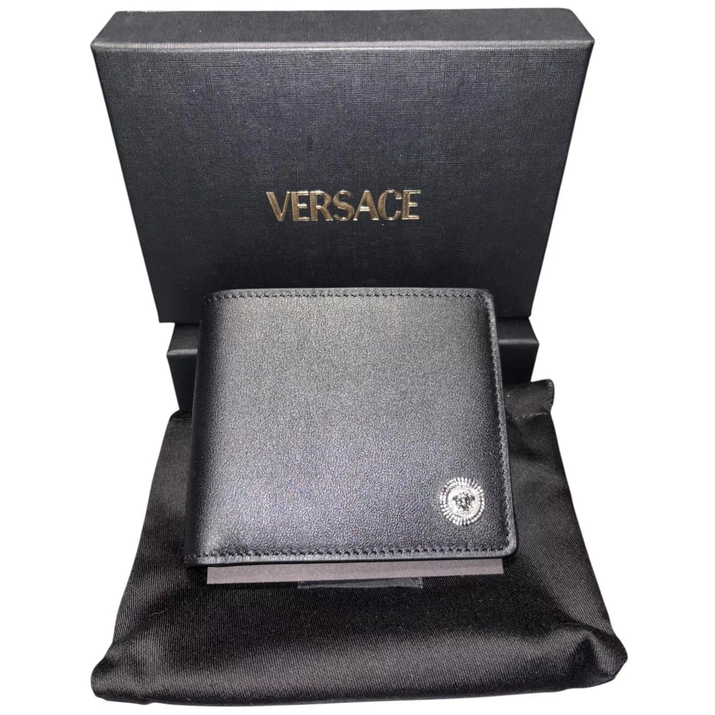 Men's Black Leather Bi Fold Wallet with Silver Medusa Logo