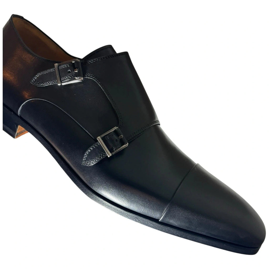 Men's Black Magnanni Double Monk Strap Leather Shoes