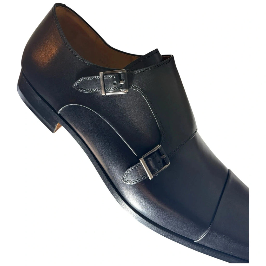 Men's Black Magnanni Double Monk Strap Leather Shoes
