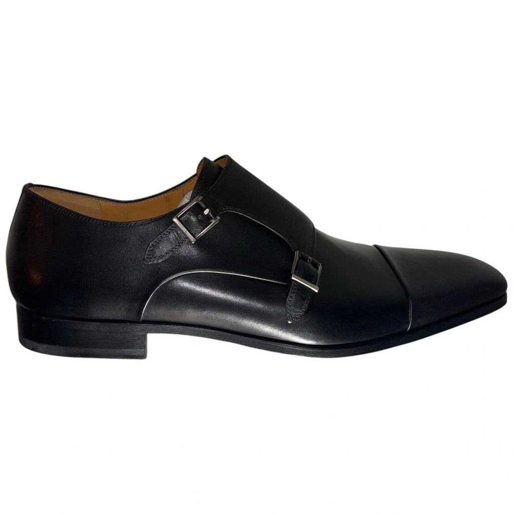 Men's Black Magnanni Double Monk Strap Leather Shoes