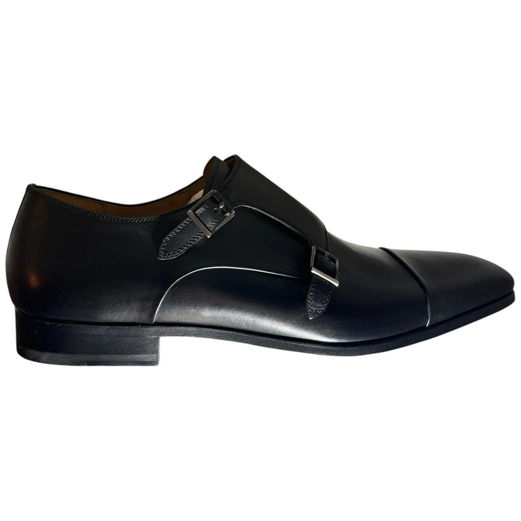Men's Black Magnanni Double Monk Strap Leather Shoes