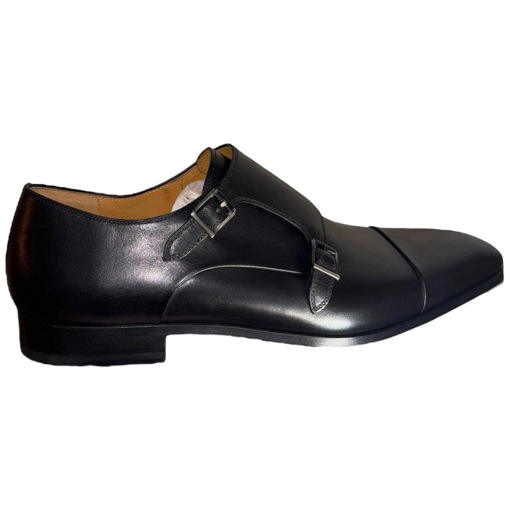 Men's Black Magnanni Double Monk Strap Leather Shoes