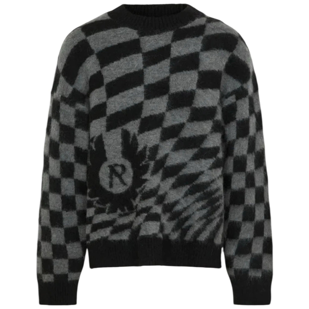 Men's Black and Grey Checkerboard Crew Neck Jumper