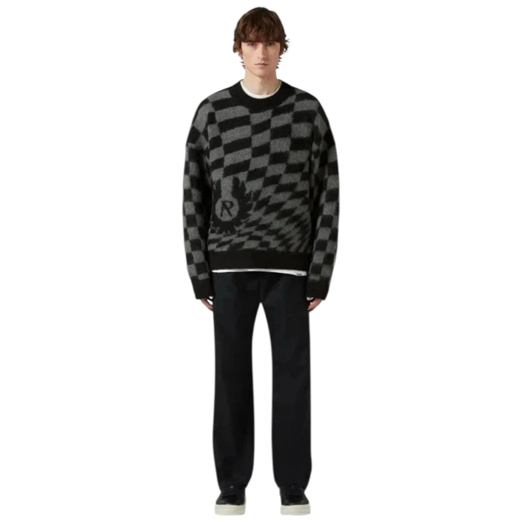 Men's Black and Grey Checkerboard Crew Neck Jumper