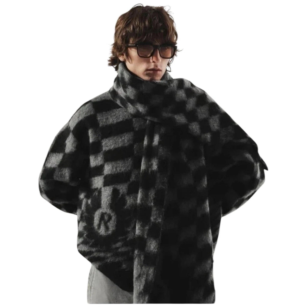 Men's Black and Grey Checkerboard Crew Neck Jumper