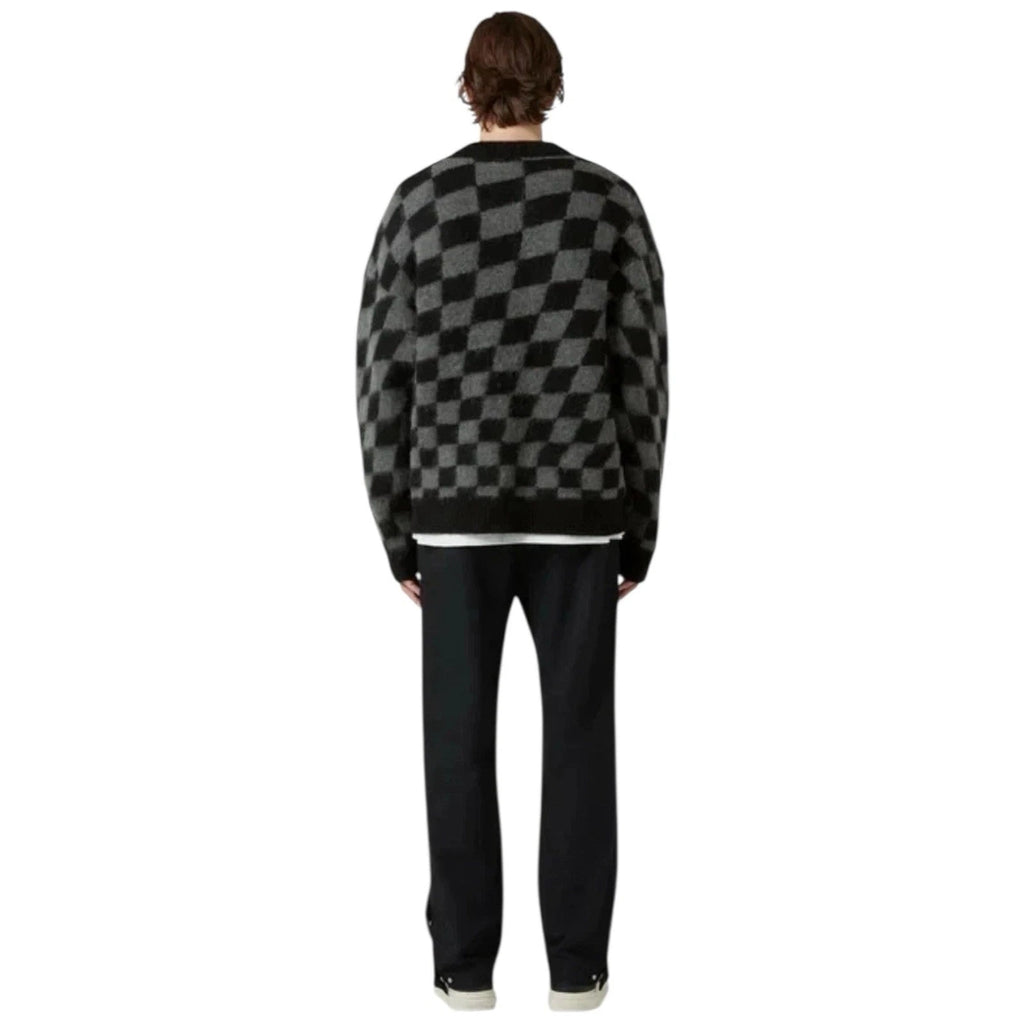 Men's Black and Grey Checkerboard Crew Neck Jumper