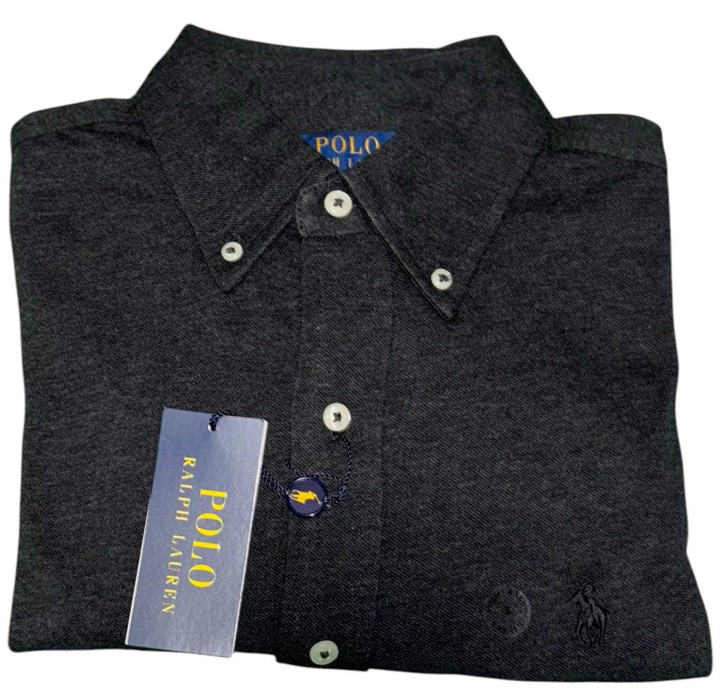 Men's Dark Grey Long Sleeve Polo Ralph Lauren Pique Shirt