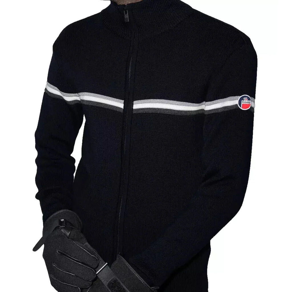 Men's Fusalp Navy Merino Wool Stripe Zip Up Jumper