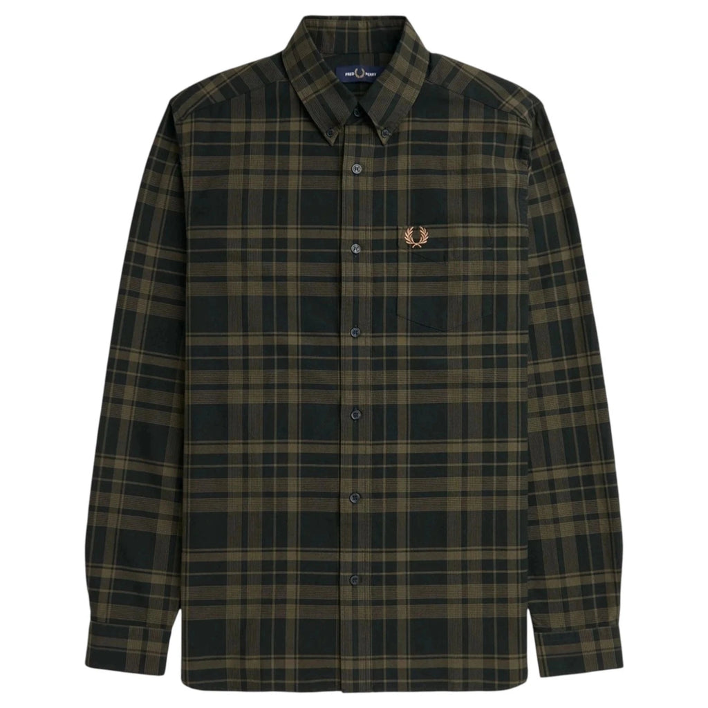 Men's Green Fred Perry Tonal Tartan Long Sleeve Shirt