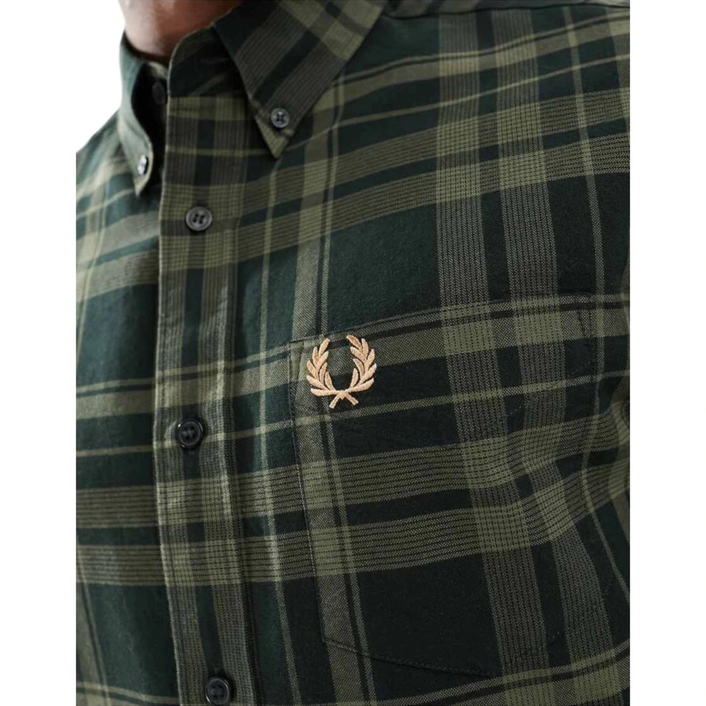 Men's Green Fred Perry Tonal Tartan Long Sleeve Shirt
