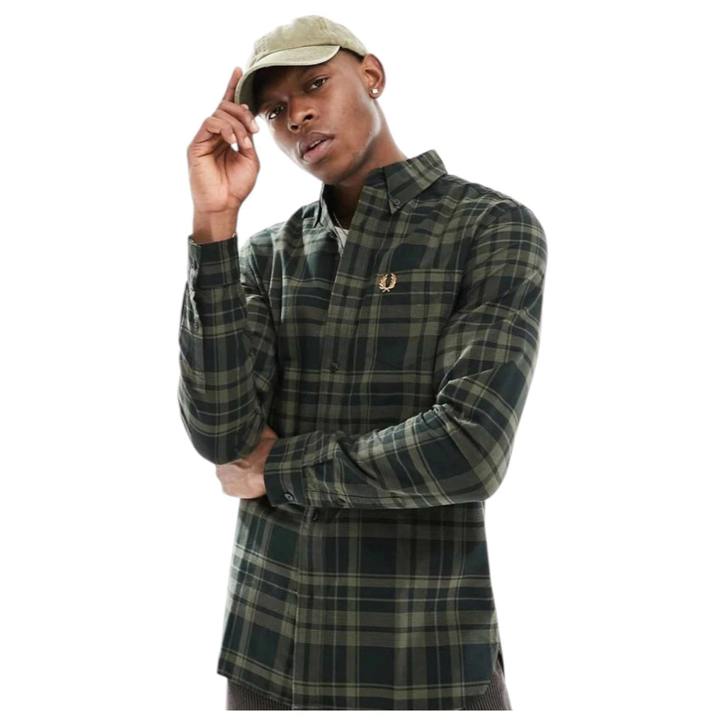 Men's Green Fred Perry Tonal Tartan Long Sleeve Shirt