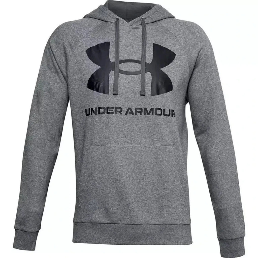 Mens Black Grey Under Armour Rival Fleece Hoodie Big Logo