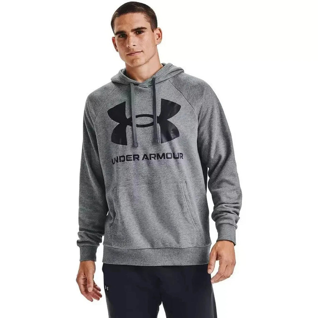 Mens Black Grey Under Armour Rival Fleece Hoodie Big Logo