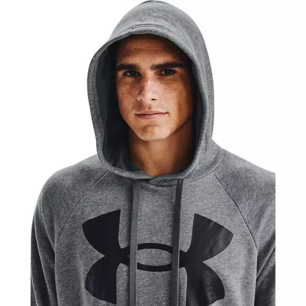 Mens Black Grey Under Armour Rival Fleece Hoodie Big Logo