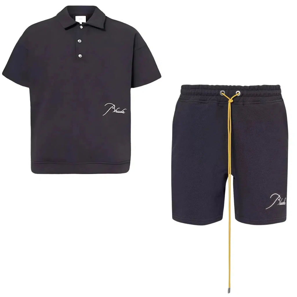 Rhude Matching Summer Set In Black Polo Shirt & Shorts