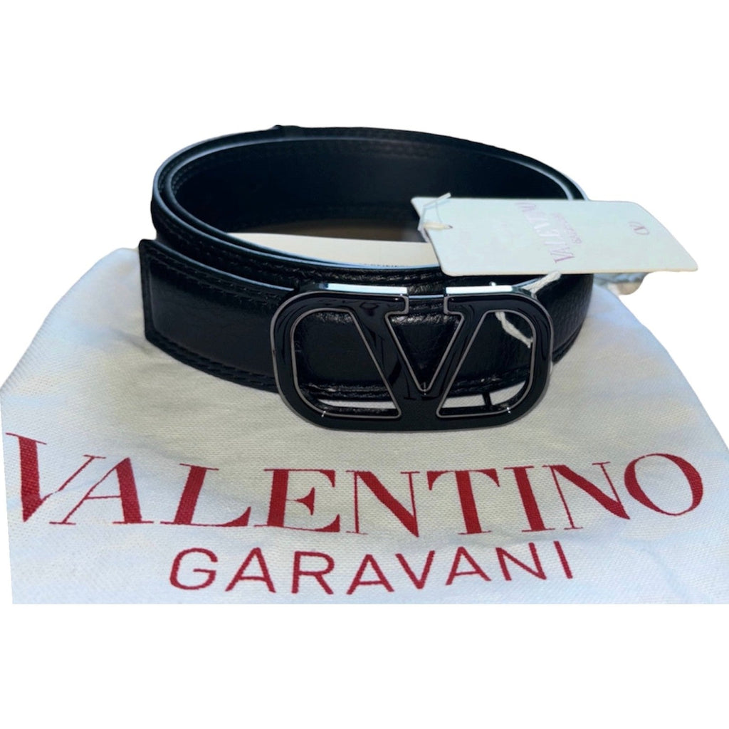 Valentino Garavani Calf Leather Belt 'V' Plaque Black