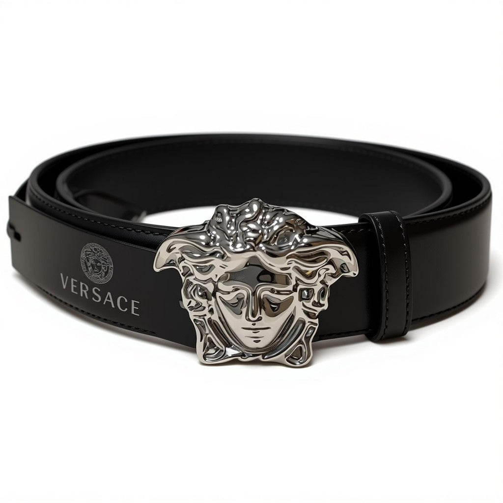 Versace La Medusa Greco Black Patent Leather Belt Silver Medusa