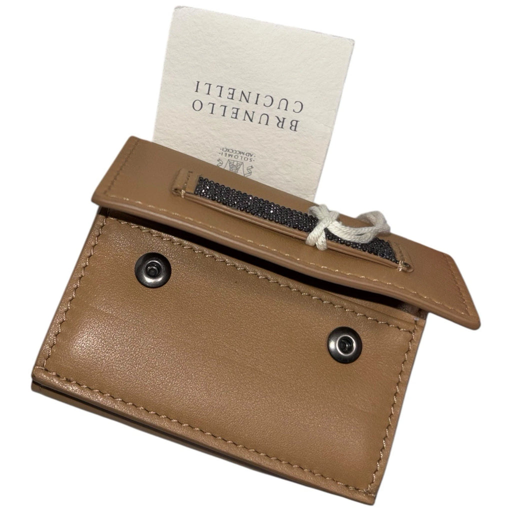 Brunello Cucinelli Brown Bead-Embellished Leather Coin Purse