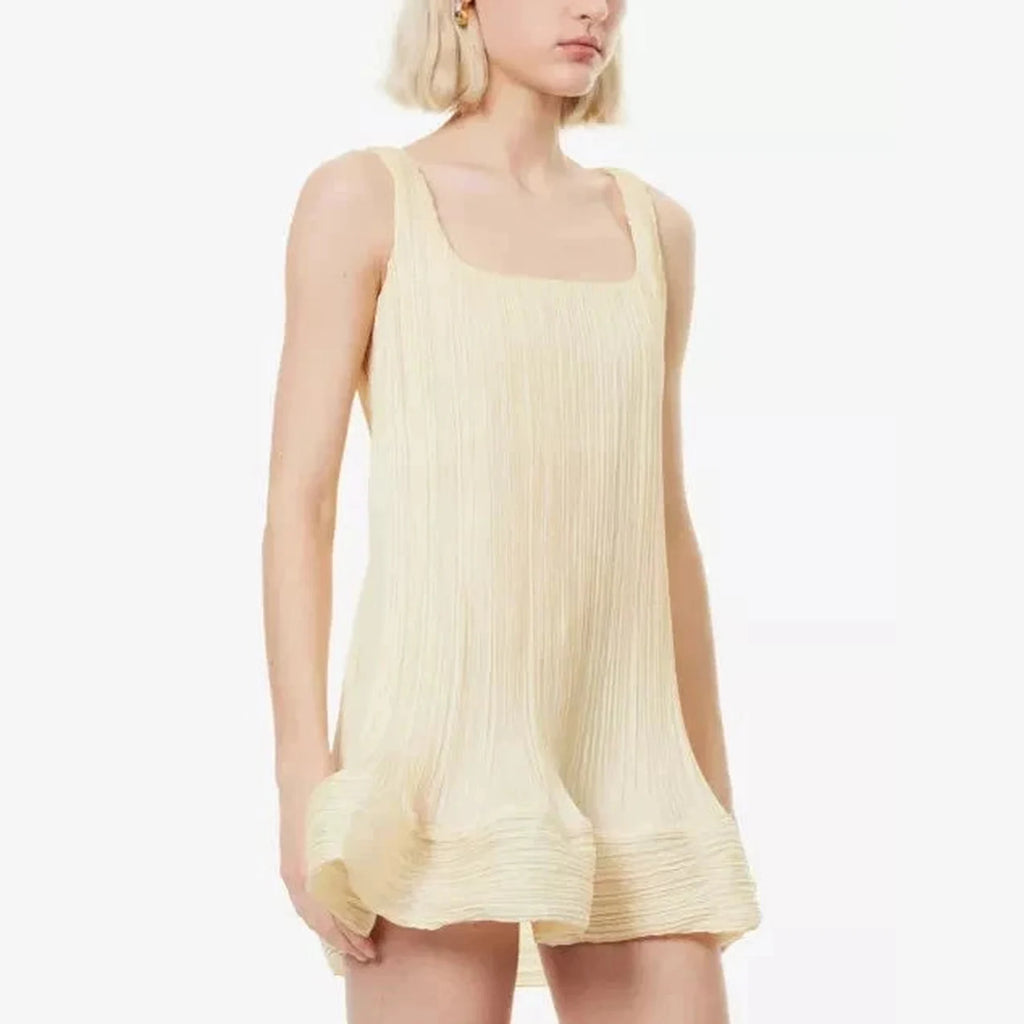 Women Yellow Pleated Crepe Mini Dress
