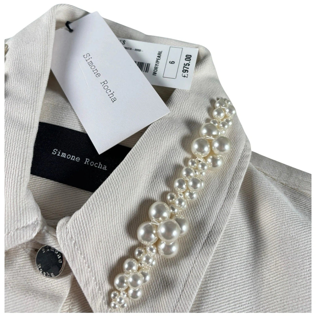 Women's White Denim Coat with Pearl Embellishment