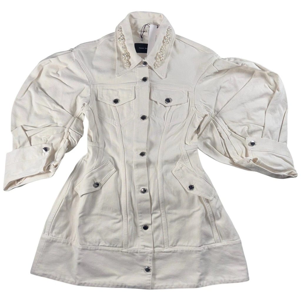 Women's White Denim Coat with Pearl Embellishment
