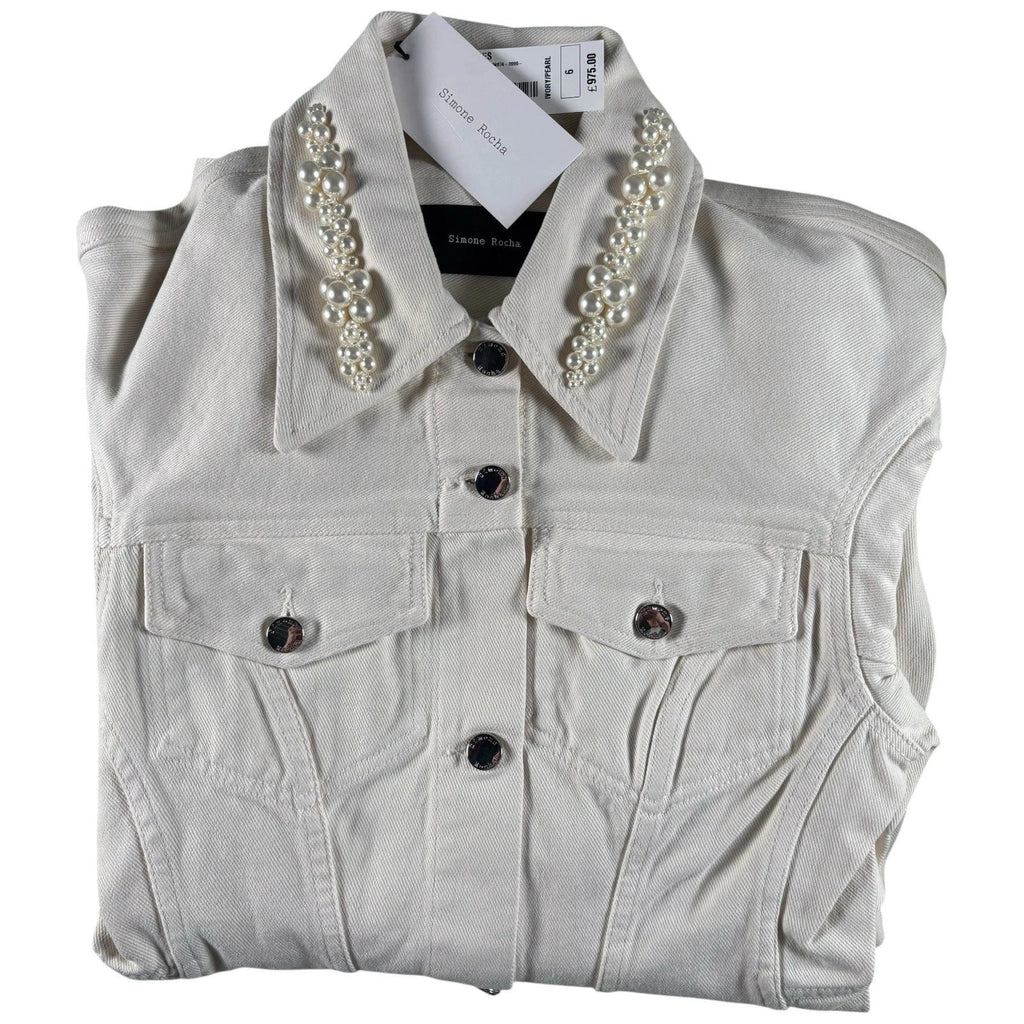 Women's White Denim Coat with Pearl Embellishment