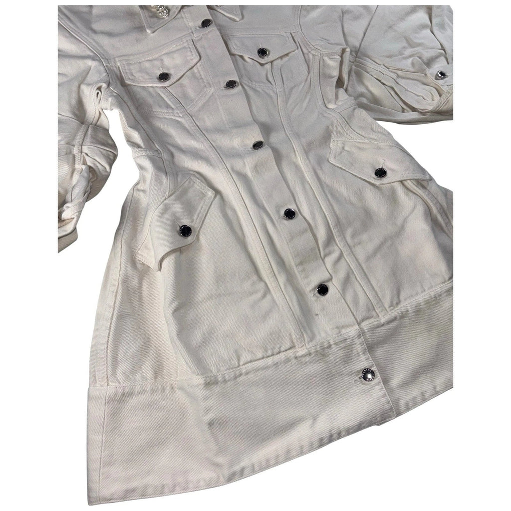 Women's White Denim Coat with Pearl Embellishment