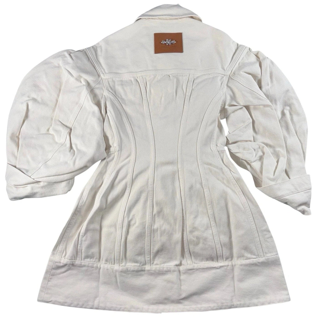 Women's White Denim Coat with Pearl Embellishment