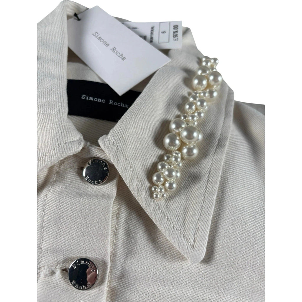 Women's White Denim Coat with Pearl Embellishment
