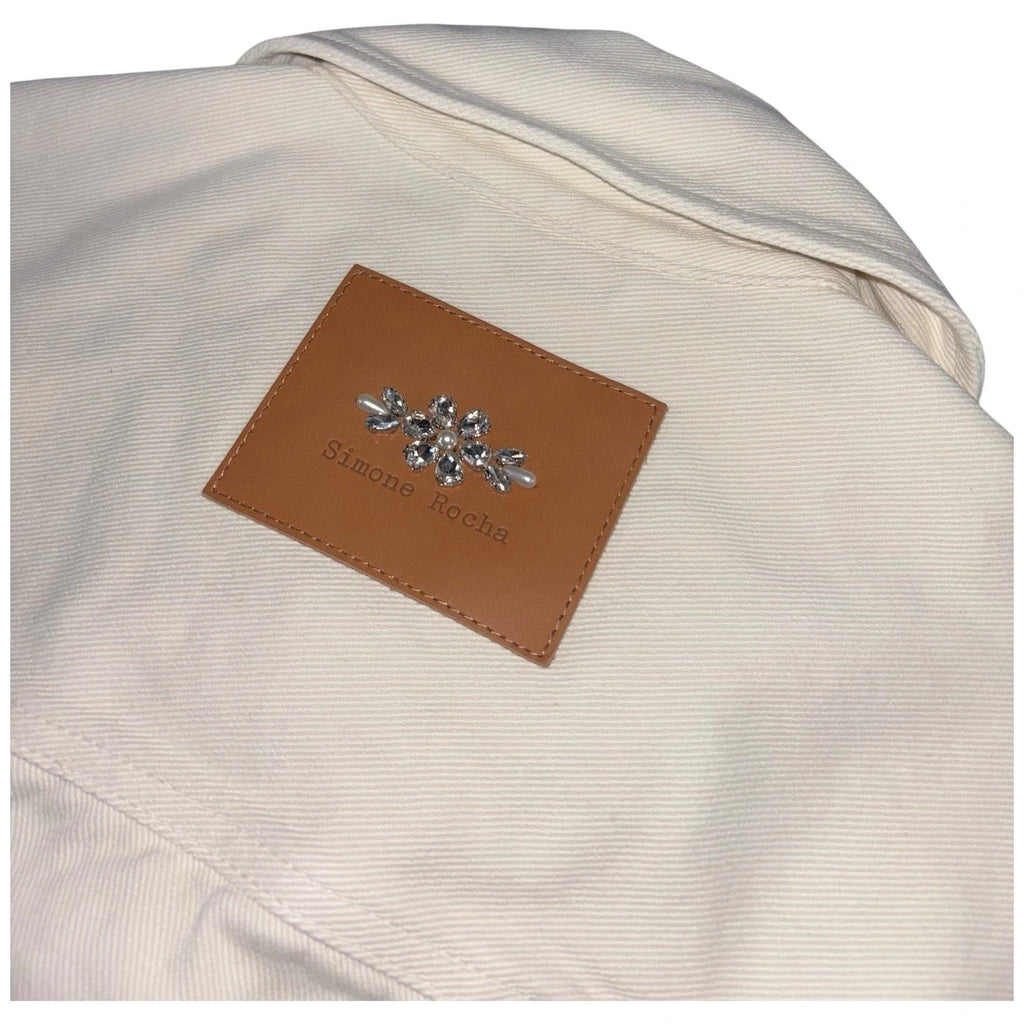Women's White Denim Coat with Pearl Embellishment