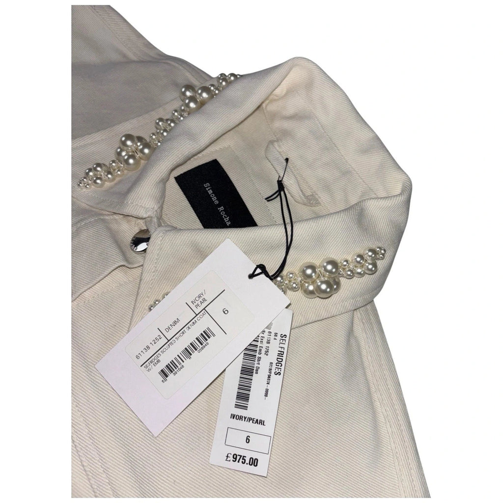 Women's White Denim Coat with Pearl Embellishment