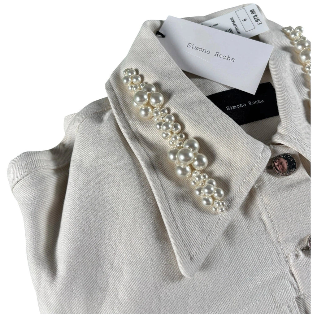 Women's White Denim Coat with Pearl Embellishment